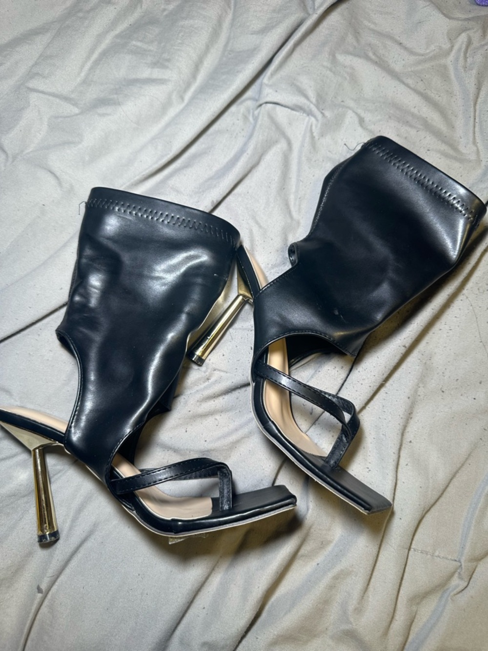 SHEIN Black Faux Leather Open-Toe Stiletto Sandal Boots with Gold Heel
